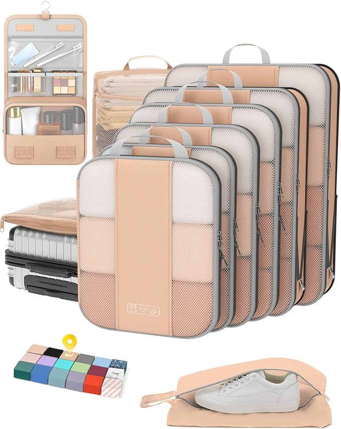 10 Set Compression Packing Cubes for Travel Essentials,Compressible Expandable Packing Cubes for Suitcase,OlarHike Luggage Organizer Bags for Travel,Handy Helper for Organizing Clothes(Gold)