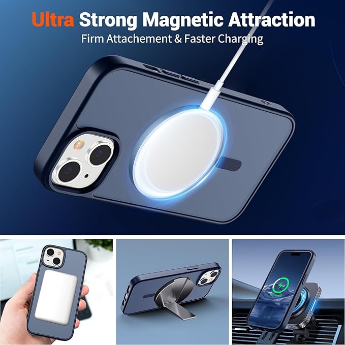 SUPFINE Magnetic for iPhone 15 Case with Screen Protector (Compatible with MagSafe) (Military Grade Drop Protection) Translucent Matte Shockproof Phone Cover,Dark Blue