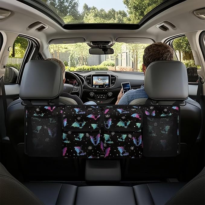 Halloween Colorful Bats Car Trunk Organizer with 4 Pockets Hanging Car Backseat Storage Bag Multipurpose Car Interior Accessories for SUV Pickup Truck Van