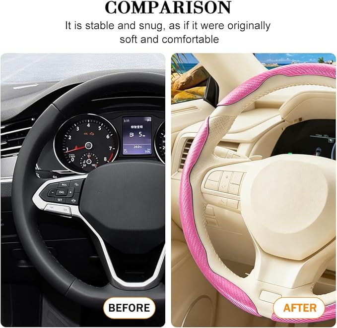3PCS Carbon Fiber Car Steering Wheel Cover, Leather Segmented Anti-Skid Steering Wheel Protector, Snap on Automotive Interior Protection Accessories, Universal for Vehicles (Pink)