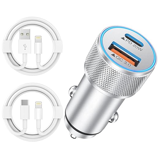 iPhone Fast Car Charger,[Apple Certfied] 38W Dual USB C Car Charger Adapter All Metal 2 Port Quick Charging with 2Pack Apple Lightning Cable for iPhone 13 Pro Max Mini 12 11 Xr Xs X 8 AirPods iPad
