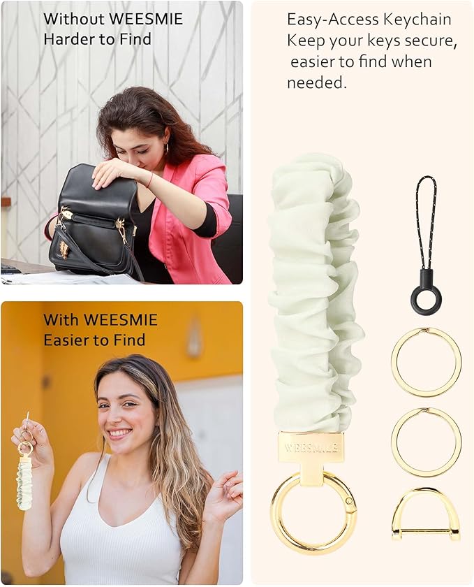 WEESMILE Keychain Wristlet, Stretchy Key Chain for Car Keys with D ring, Cute Scrunchie Wrist Bracelet for Women Men
