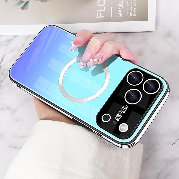 Guppy Compatible with iPhone 17 Pro Magnetic Case, with Full Camera Lens Protector [Compatible with MagSafe] Scratch Resistant Gradient Glass Back Cover Phone Case-Blue