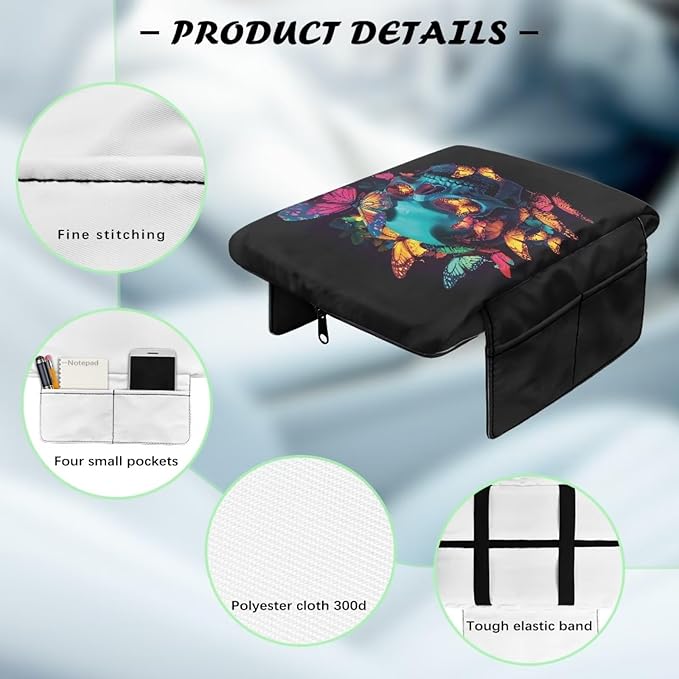 Wanyint Skull Butterfly Car Center Console Pad Non-Slip Armrest Box Mat with 4 Storage Bags Comfortable Center Console Armrest Pillow Arm Rest Cushion Protector Auto Accessories