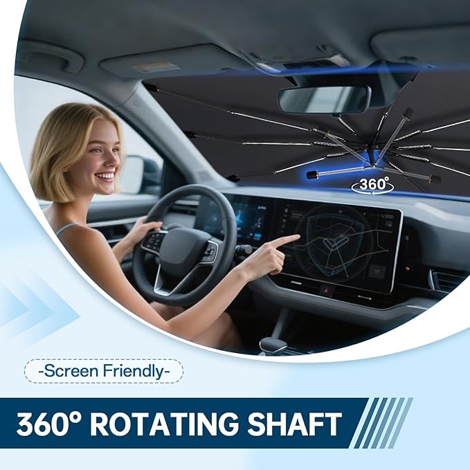 Windshield Sun Shade for Tesla Model 3 2018-2026, Umbrella Car Shades with 360°Rotating Shaft, Foldable Front Window Sunshade for UV & Heat Protection