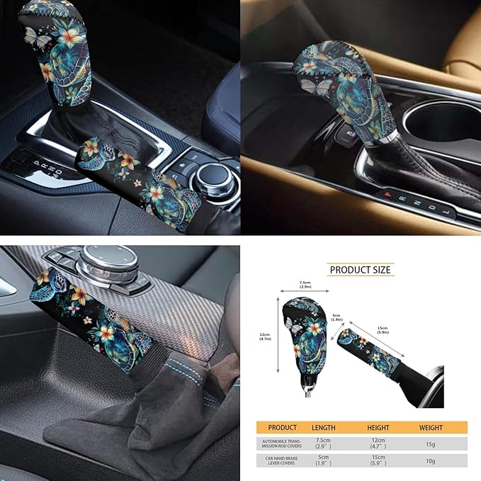 FKELYI Women Auto Fashion Seat Cushions and Headrest Pads, Sea Turtle Car Handbrake Cover with Gear Shifter Cover, Steering Wheel Protector, Cup Coasters