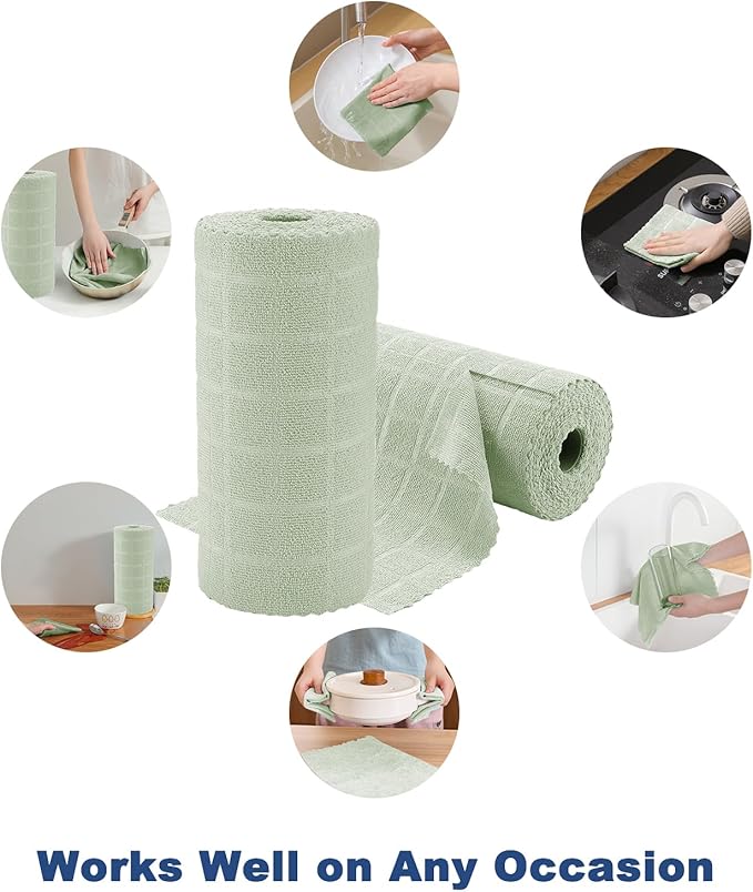 Ferdilan 80 Pack Microfiber Cleaning Cloth Roll,Lint Free Rags Paper Towels & Tear Away Reusable Towels,Washable Shop Rags,Wash Cloths Dish Rags(12" x 12") for Car Kitchen Window Garage-Green