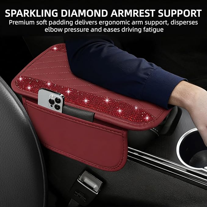 NBTEPEM Bling Burgundy Red Car Center Console Cover, Leather Car Arm Rest Cover with 2 Storage Bags, Universal Auto Armrest Protector Storage Box, Bling Accessories Interior for Most Vehicles