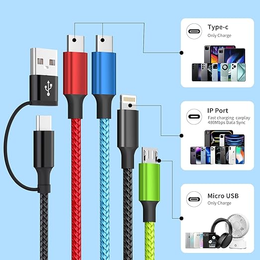 Travel Essentials 4 in 2 Multi Charging Cable, USB A/C Charging Cords with Dual Type-C, USB Cable Phone Charger Compatible with Most Cell Phones/Tablets and More (2Pack, 5FT)