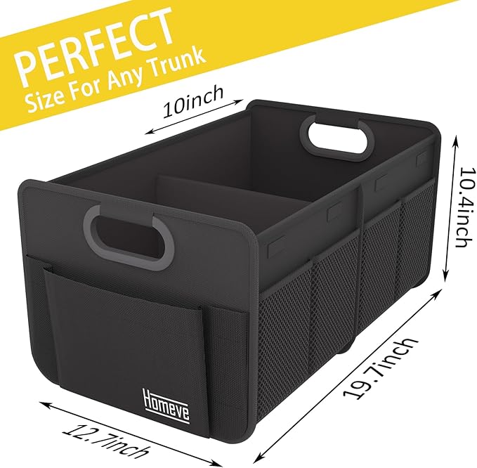 Homeve Trunk Organizer, Car Storage, Reinforced Handles, Collapsible Multi-Compartment, Foldable, Waterproof, Sturdy, 600D Oxford Polyester For Car, SUV, Mini-Van, Black, 2 Compart-Small