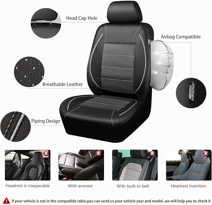 CAR PASS Piping PU Leather Car Seat Cover Full Set, Inside Zipper Design and Reserved Opening Holes, Airbag Compatible,Universal FIT for Car, SUVs,Van,Trucks（Full Set, Black & Silver