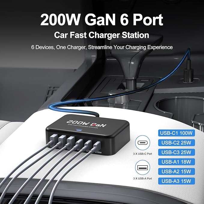 Dzytnsy 200W Car Fast Charging Station,6 Ports, Compatible with MacBook pro/Air/M5 M4 M3 M2 M1/Dell/Lenovo/HP,for iPhone 17/16/15 Series,Samsung Galaxy S26/S25 Ultra/S24 Series and More