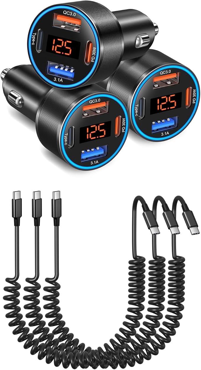 USB C Car Charger, 3 Pack 65W Multi Port Car Cigarette Lighter Adapter with 3 Pack 60W Retractable USB C Cable for iPhone 16e 16 15 Pro Max, Galaxy A16 A54 S25