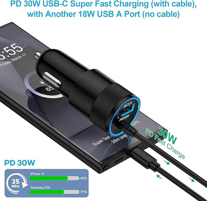 Pixel Fast Car Charger Adapter for Google Pixel 10, 10a, 9a, 9, 10 9 Pro XL Fold, 8 7 6 Pro 5 4 3 2 XL 8a 7a 6a, USB C Vehicle Phone Auto Automobile Plug with Type C 3.1 Ft Cable Cord Charging