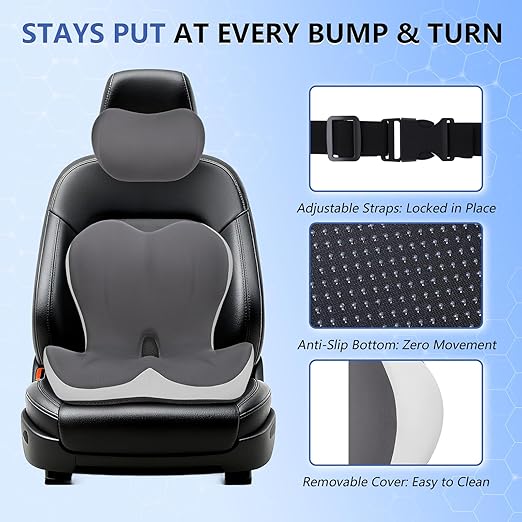 Truck Seat Cushion and Headrest 2-in-1 Set for Truck Driver, Lumbar Support Car Cushions for Long Haul Driving, Memory Foam for Semi Truck & Big Rig, Ergonomic Relief for Back & Sciatic Pain