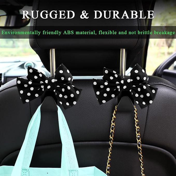 2 PCS Car Seat Headrest Hooks, Cute Bow Shaped Vehicle Backseat Storage Hooks, Leather Bow Shaped Sturdy Car Seat Back Hooks for Purses/Coats/Umbrellas, Car Accessories (Black Dot)