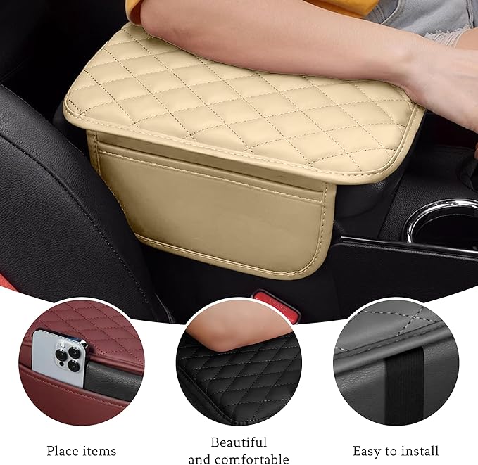 Car Center Console Cover, Universal Center Console Protector Pad with Soft Microfiber Leather & 2 Storage Pockets, Non-Slip Cushion for Car SUV Truck Interior Accessories (Beige)