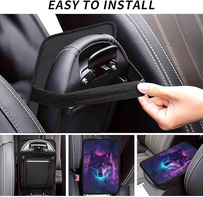Car Center Console Cover Purple Wolf Print Polyester Fabric Car Armrest Cover Cool Animal on Galaxy Nebula Universal Car Interior Accessories for Most Vehicles SUVs Truck Sedans