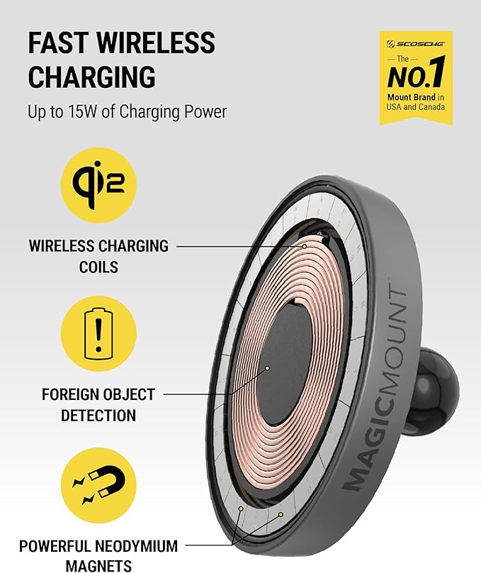 Scosche MagicMount Charge Pro Qi2 Fast Wireless Charging MagSafe Car Mount Charger, 15W Magnetic Cell Phone Holder for Car Dashboard/Windshield Compatible with iPhone 16/15/14/13/12 Pro Max Plus, S25
