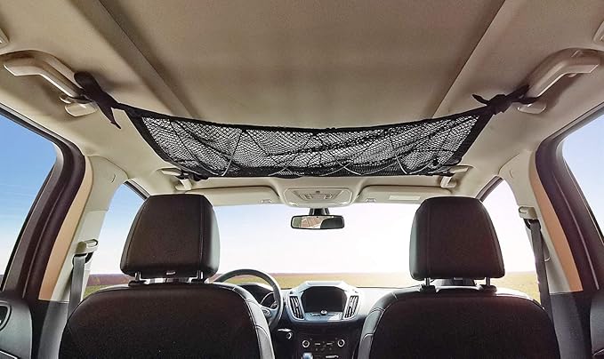 Kaskawise Car Ceiling Cargo Net, 31"x21" Adjustable Double-Layer Mesh SUV Roof Organizer, Van Life Accessories for Long Trip, Car Camping Essentials, Road Trip Must-Haves for Overhead Storage