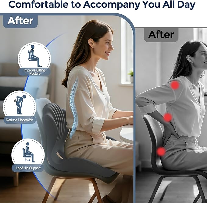 Seat Cushion for Office Chair and Car, L-Shaped Ergonomic Seat Cushions,Memory Foam Orthopedic Cushion with Coccyx Hollow,Lumbar Support & Tailbone Pain Relief for Car, Truck, Home,Gaming Chair,Gray