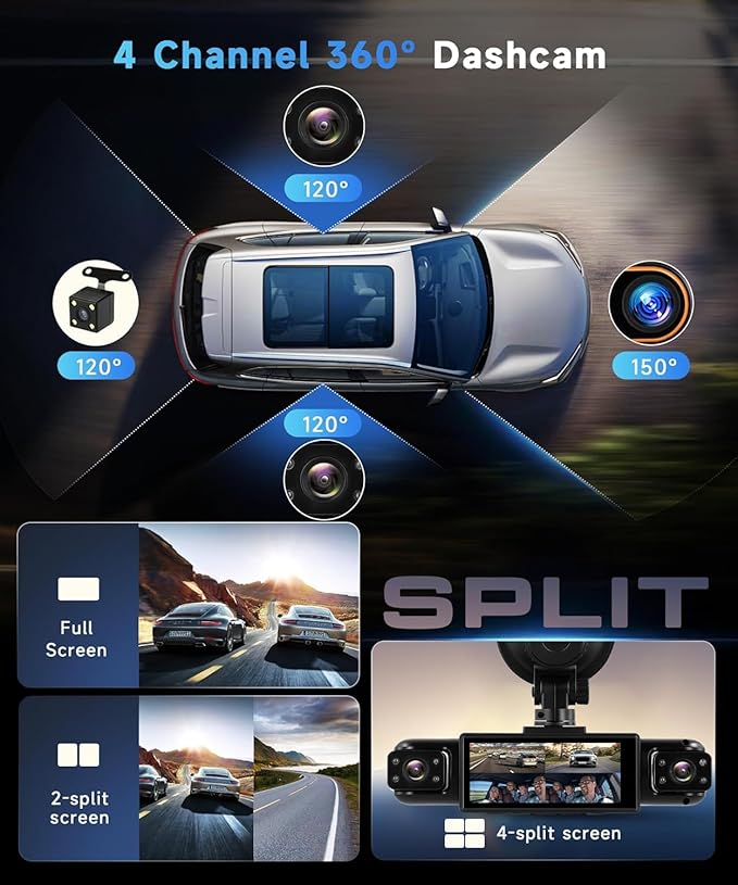 Car Camera Dash Cam Front and Rear Left Right, 4-Channel Video Recording WiFi Dashcam with Phone APP 360 Degree Car Security, HD 2K Car Dashboard Night Vision 24 Hours Parking Monitor G-Sensor