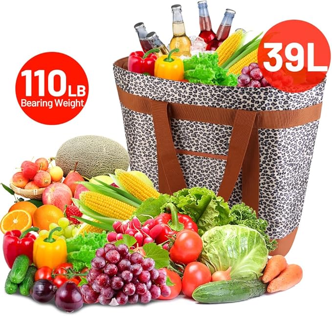 mosago Insulated Grocery Bag, Large Cow Print Reusable Cooler Bag with Zipper, Leakproof Thermal Tote for Food Delivery, Collapsible Shopping Bag for Picnic, Beach, Travel, Compatible with Delivery