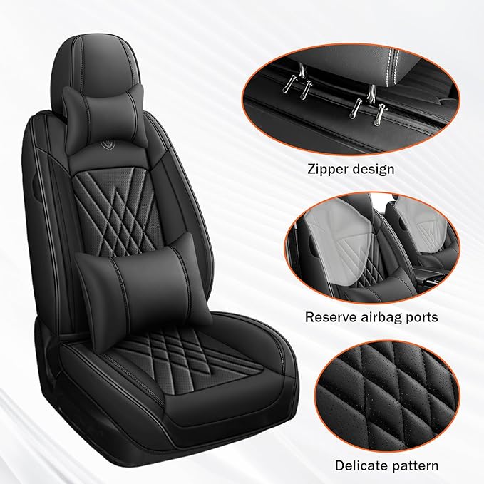 Car Seat Covers Compatible with Toyota Camry 2012-2026 Durable Waterproof Automotive Seat Covers Stretchable Fabric Material, Airbag Compatibility, Premium Nappa Leather(Black, Full Set with Pillow)