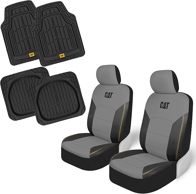 CAT PU Leather Seat Covers for Cars – (2) Front Seat Covers with (4) All-Weather Heavy-Duty Floor Mats for Trucks, Cars, & SUVs Combo Set – Car Interior Protection Liners for Car Seats and Floors