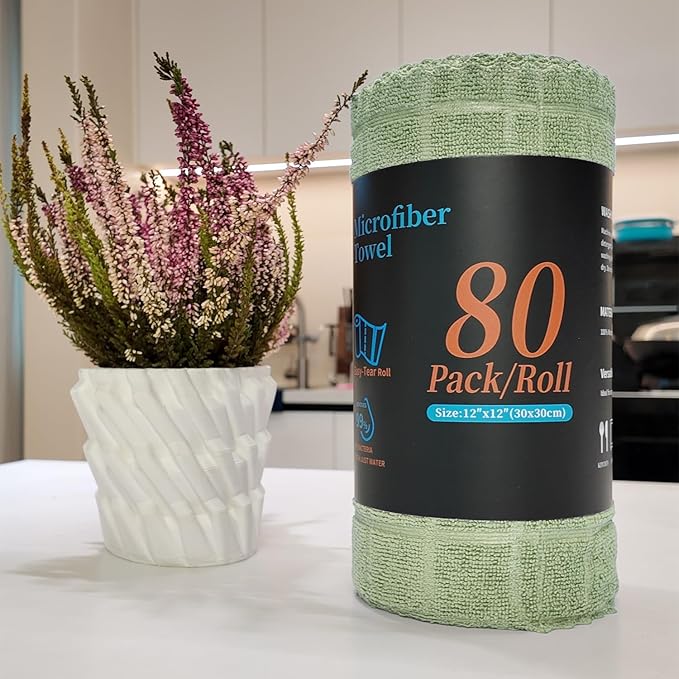 Ferdilan 80 Pack Microfiber Cleaning Cloth Roll,Lint Free Rags Paper Towels & Tear Away Reusable Towels,Washable Shop Rags,Wash Cloths Dish Rags(12" x 12") for Car Kitchen Window Garage-Green