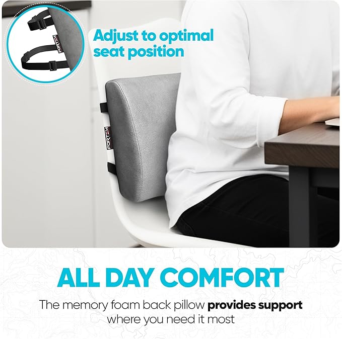 FORTEM Lumbar Support Pillow for Office Chair, Lumbar Support Pillow for Car, Back Rest for Gaming, Memory Foam Pillow, Desk Chair Cushion, Breathable & Washable Cover, Adjustable Straps