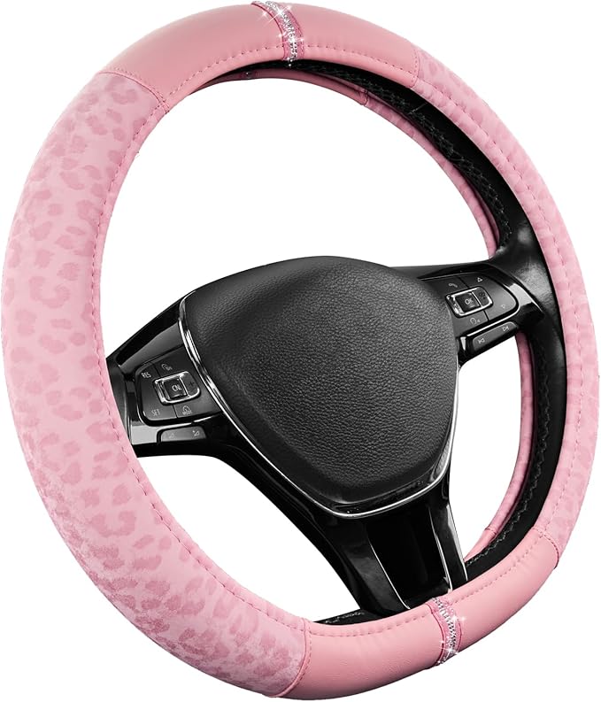 Road Comforts Leopard Steering Wheel Cover - Made with PVC Leather Cheetah Print, D-Shaped Automotive Steering Wheels - Anti-Slip, Universal Fit 14 1/2 inches to 15 inches - Full Pink