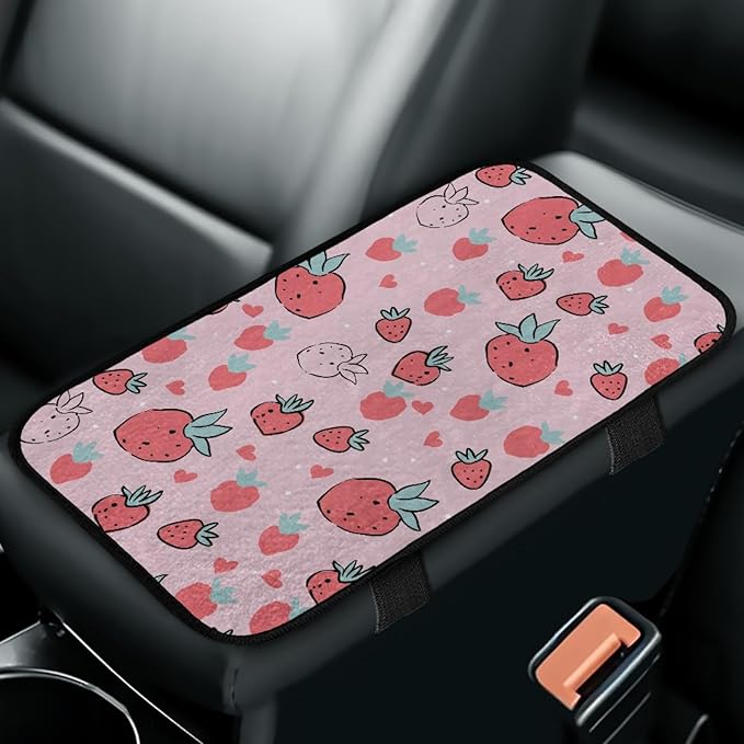 CLOHOMIN Stawberry Car Center Console Cover Cute Pink Car Arm Rest Covers Winter Auto Armrest Cushion Pad Accessories for Most Vehicles Warm Auto Center Console Pad