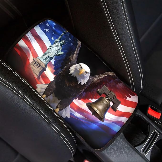 Eagle Liberty Car Center Console Cover Patriotic Car Accessories for Women Men Arm Rest Cover for SUV Sedan Comfortable Car Armrest Cover Pad