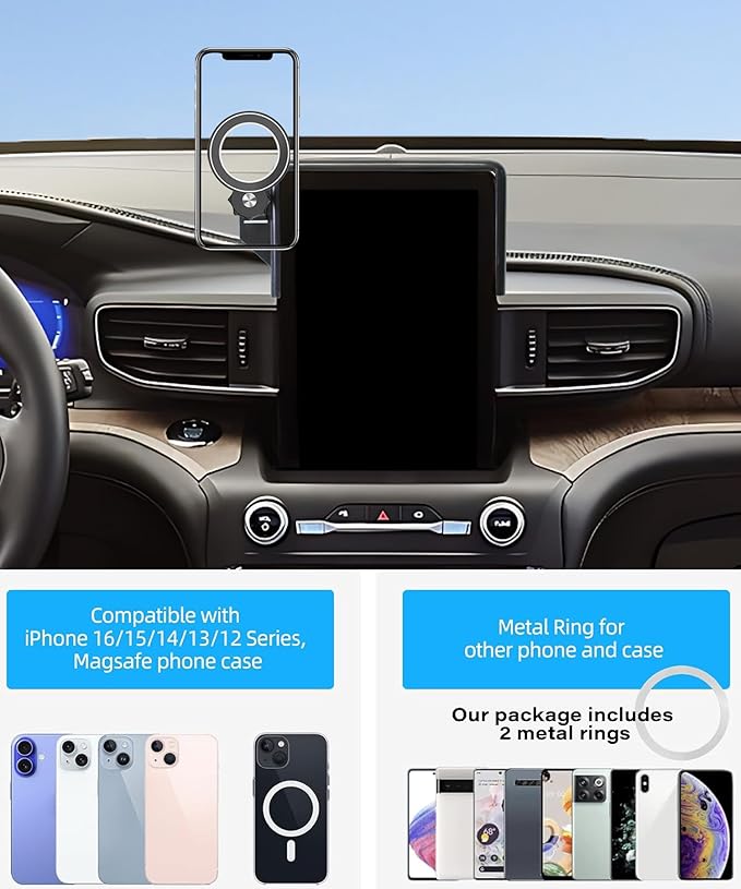 Car Phone Holder for 2019 2020 2021 2022 2023 2024 Ford Explorer Accessories Apply to 10.1 in Screen Fixed Clip Magnetic Cell Phone Mount 360 Degree Rotation with Dashboard Storage Tray