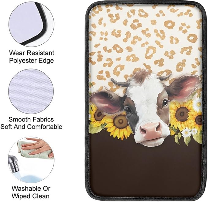 UNICEU Sunflower Farm Cow Print Car Center Console Armrest Cove Neoprene Soft Car Armrest Box Cover Pad Auto Interior Decor Accessoires