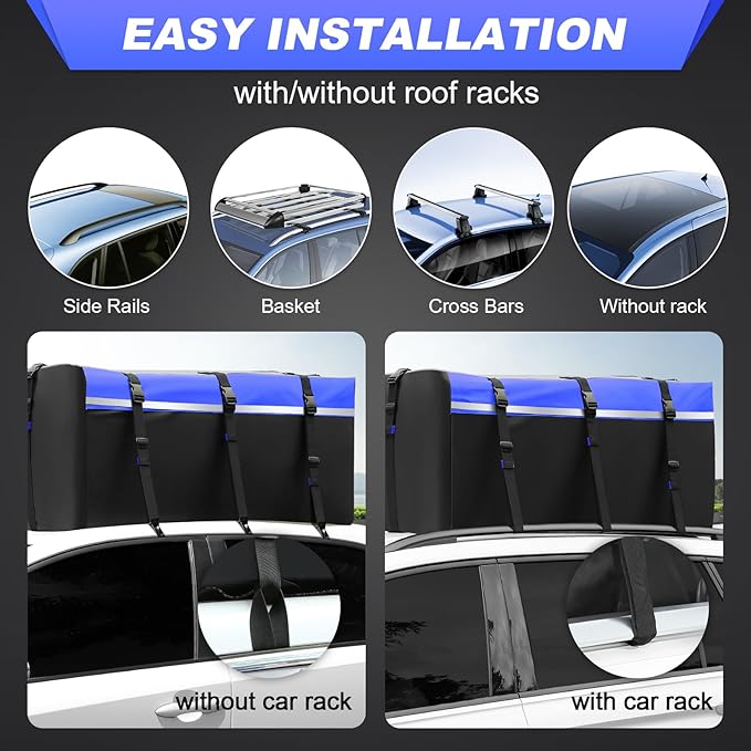 Sailnovo Car Rooftop Cargo Carrier Bag 20 Cubic, PVC Vehicle Soft-Shell Car Top Carrier for Cars with/Without Roof Rack, Waterproof Roof Bag Includes Anti-Slip Mat,10 Reinforced Straps, Blue