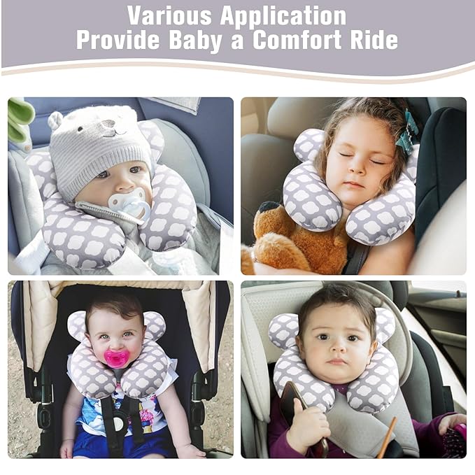 vocheer Baby Travel Pillow(Upgraded), Head and Neck Support Pillow for Pushchair, Car Seat,Stroller, Bouncer, Cotton（White Cloud）