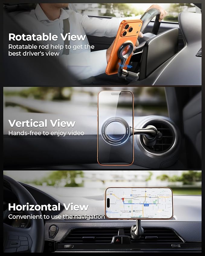 MRGLAS for MagSafe Car Mount [Upgraded 40 Strong Magnets] [360° Rotation] Air Vent Magnetic Phone Holder [Double Metal Hook] Car Phone Holder Mount Compatible iPhone 17 16 15 Pro Max S26 Ultra S25