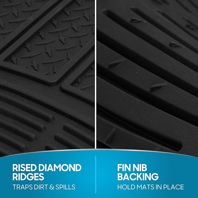 BDK 3-Piece ProLiner Heavy Duty Front & Rear Rubber Floor Mats, Universal Fit Liners for Cars SUVs Trucks Vans, All Weather Protection with Anti-Slip Nibs, Flexible Contours Fits Most Vehicles - Black