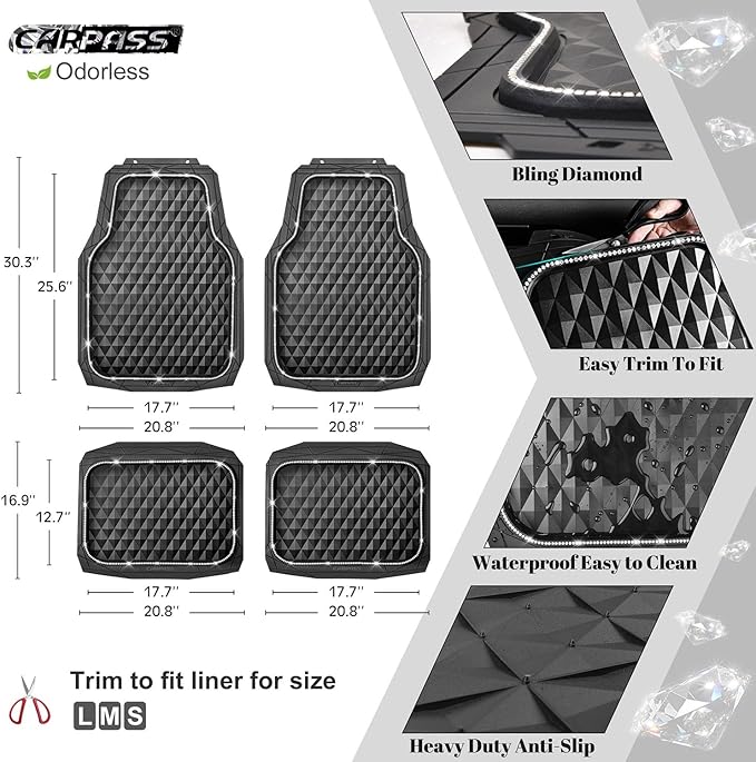 CAR PASS Bling Diamond Rubber Car Mats, Heavy Duty Deep Dish All-Weather Floor Mat Full Set Anti-Slip 3D Rhombus Waterproof Trim Fit Liner Universal Glitter Sparkly Shining Rhinestone, White Diamond