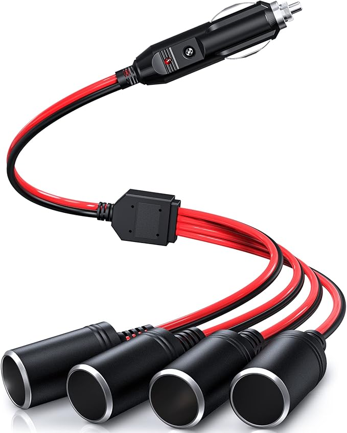 ELECTOP 1 to 4 Car Cigarette Lighter Splitter Adapter Power Charger Port, 12V 24V Plug Socket Adapter 4-Way Splitter, 12 inch Cigarette Lighter Extension Cord Cable 16AWG with 15A Fuse