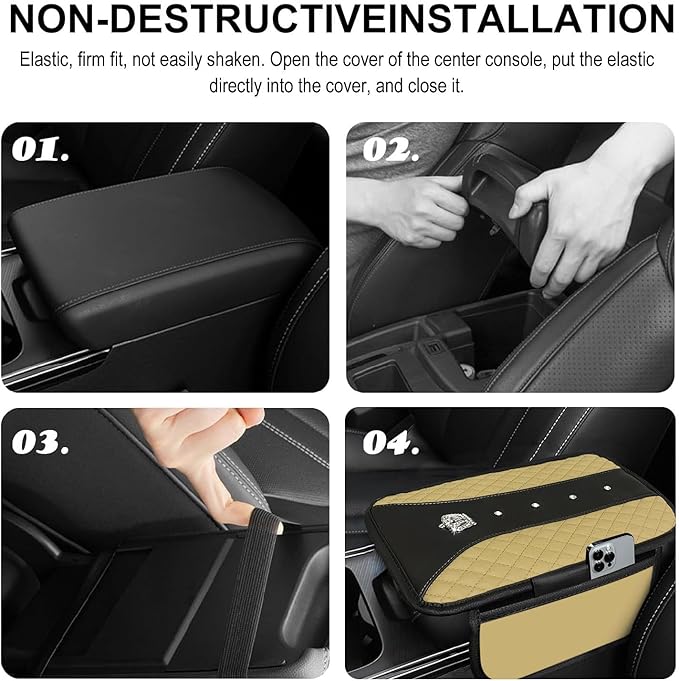 NBTEPEM Bling Crown Car Center Console Armrest Cover, Leather Middle Console Cover Cushion with 2 Storage Bags, Car Armrest Storage Box Interior Accessories for Most Vehicles(Beige)