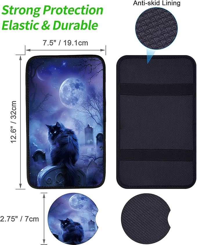 Car Armrest Cover Pads Universal Fashion Cute Auto Center Console Armrest Cover Pad with 2PCS Car Coasters Soft Waterproof Car Armrest Seat Protector for Women, Night Black Cat