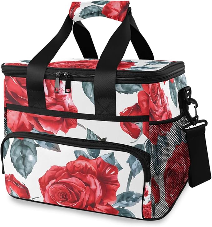 Red Rose Flower Cooler Bag Insulated Cooler Soft Sided Cooler 24 Can Portable Picnic Bag Large Leakproof Lunch Bag Box for Beach Grocery Camping Travel Car Men Women