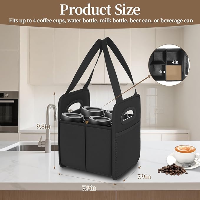 2 Pack Drink Carrier with Handle, Reusable 4 Cup Carriers for Drinks, Portable Foldable Insulated Coffee Cup Drink Holder for Delivery and Caddy