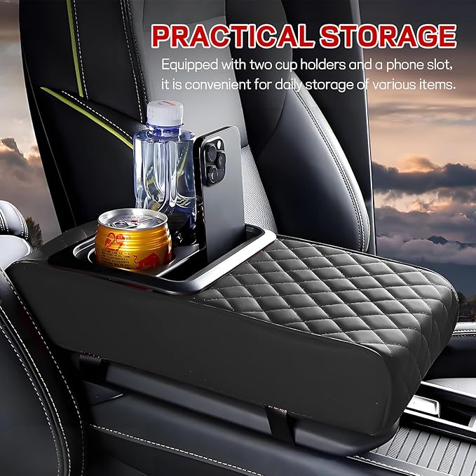 Car Center Console Armrest Pillow, 13.19"×7.87" Leather Car Arm Rest Cover, Memory Foam Auto Armrest Cushion with Cup Holder Phone Slot, Universal Vehicle Middle Console Cushion Pad (Black)