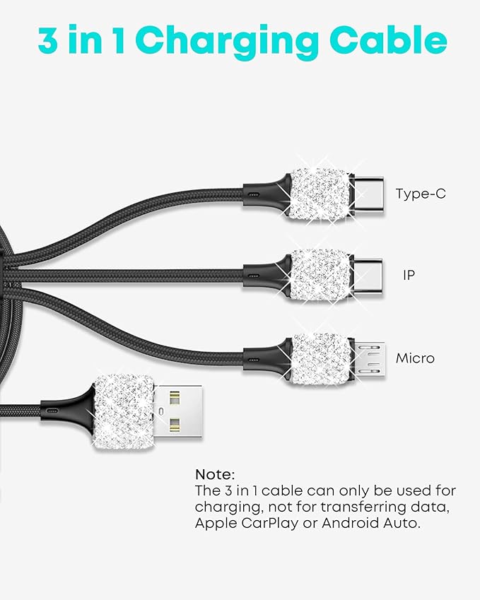 Bling USB Car Charger 5V 2.4A White Crystal Decor Dual Port Fast Adapter with 4ft Nylon Type C Micro USB 3 in 1 Multi Charging Cable for iPhone iPad Android, Auto Interior Accessories for Women