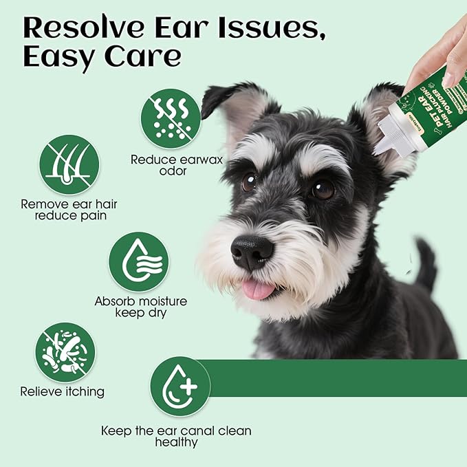 Dog Ear Hair Removal Tool – 30g Ear Powder, 5.5" Hemostat & Electric Dog Ear Trimmer – Helps Reduce Wax & Odor – Grooming Kit for Schnauzers, Poodles & Breeds with Ear Hair