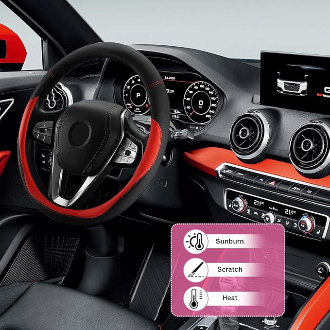 Car Steering Wheel Cover, Universal 15" Anti-Slip Auto Steering Wheel Protector for Men Women, Breathable Odor Free Leather Steering Wheel Car Accessories Fit Most Vehicles (Red)